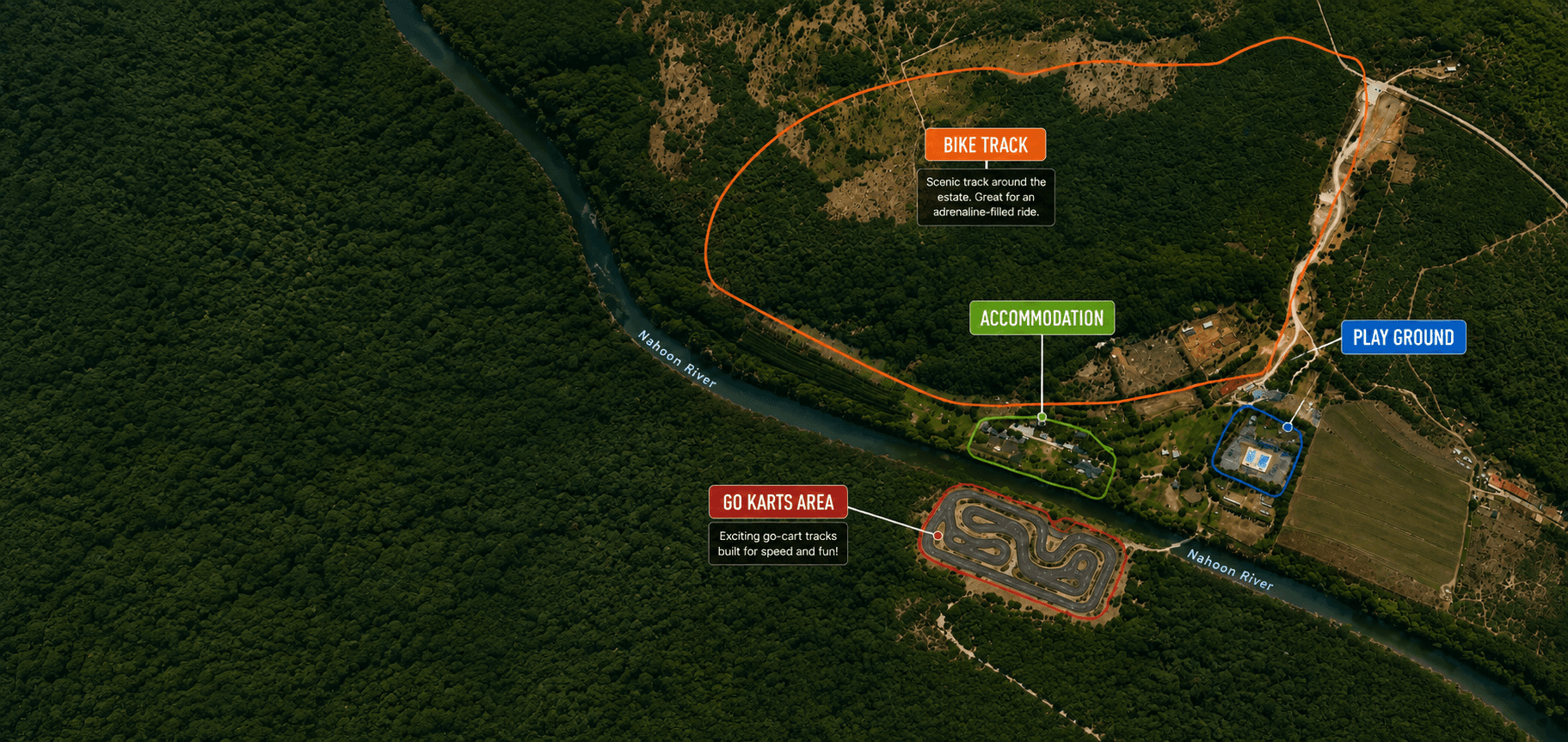 Aerial view of the BamblyB Forest Leisure estate, with the accommodation, playground, karts area and bike track marked